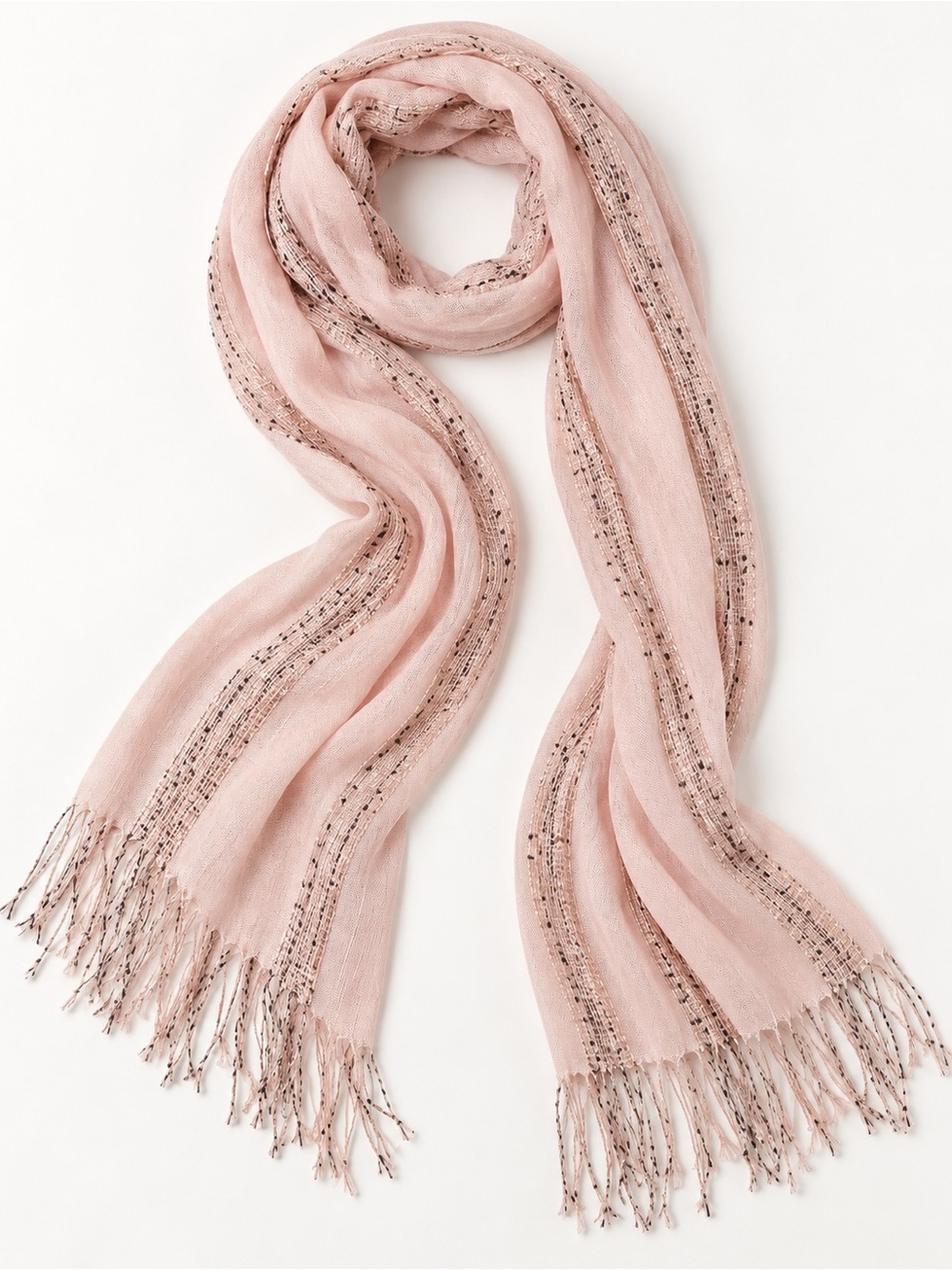 Blush Pink Boho Woven Fringe Scarf Lightweight Textured Cottagecore